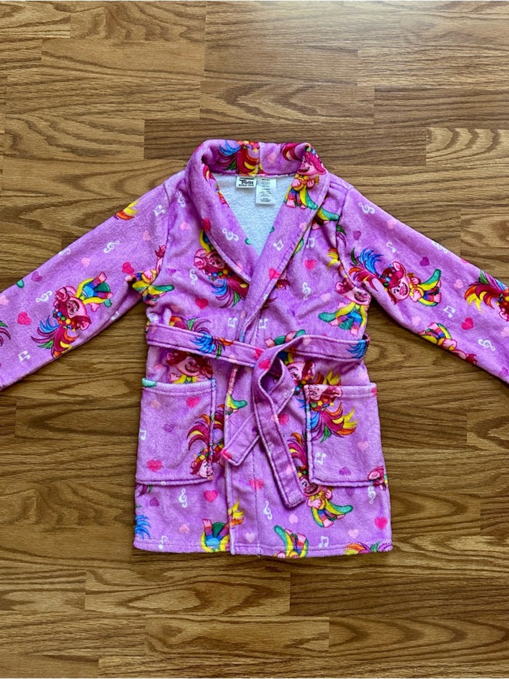 Trolls Poppy Girls Size 6/6X Bath Robe Soft Long Sleeve Belt Pockets Pink EUC!